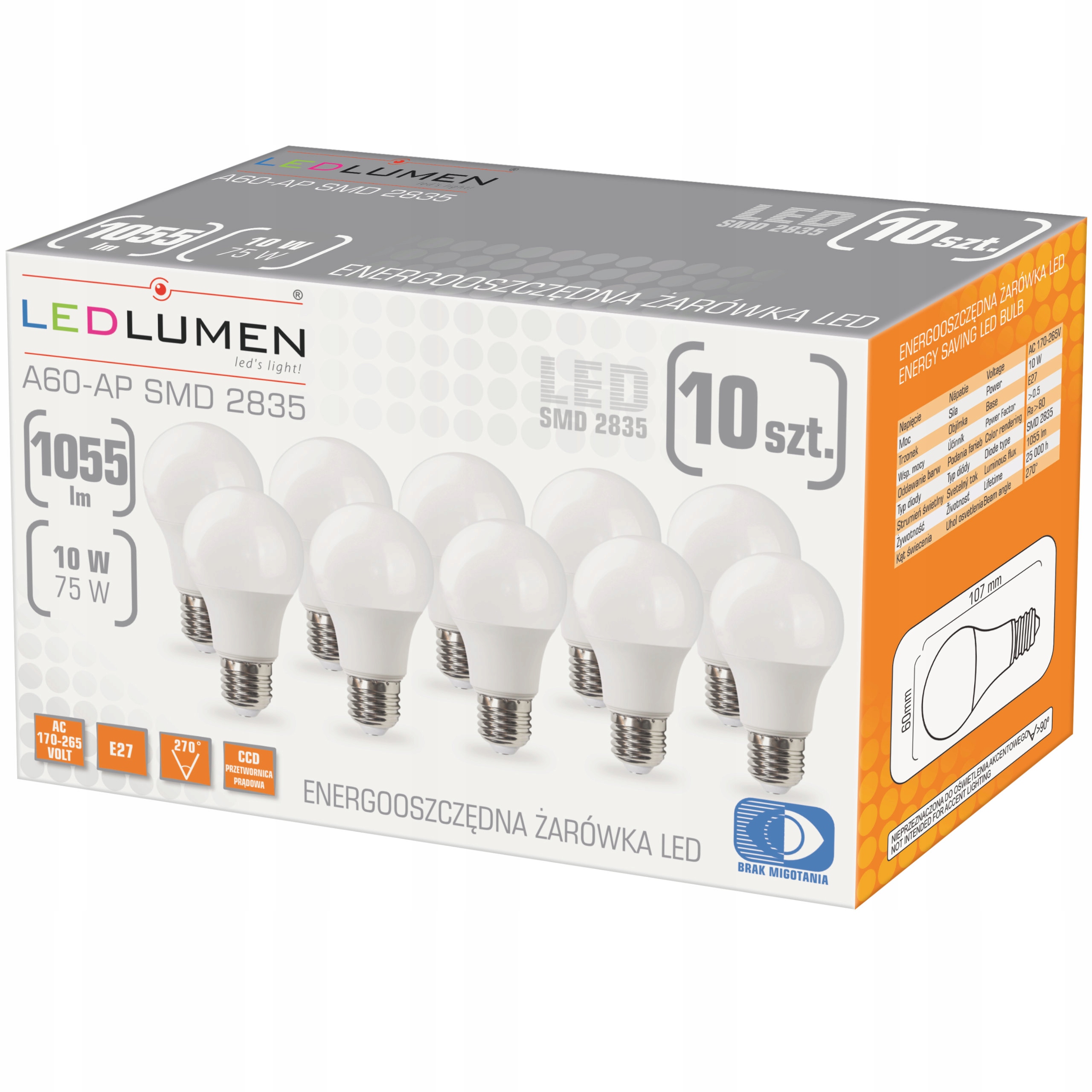 

Zestaw 10x Żarówka Led E27 A60 10W=75W 1055lm CCD