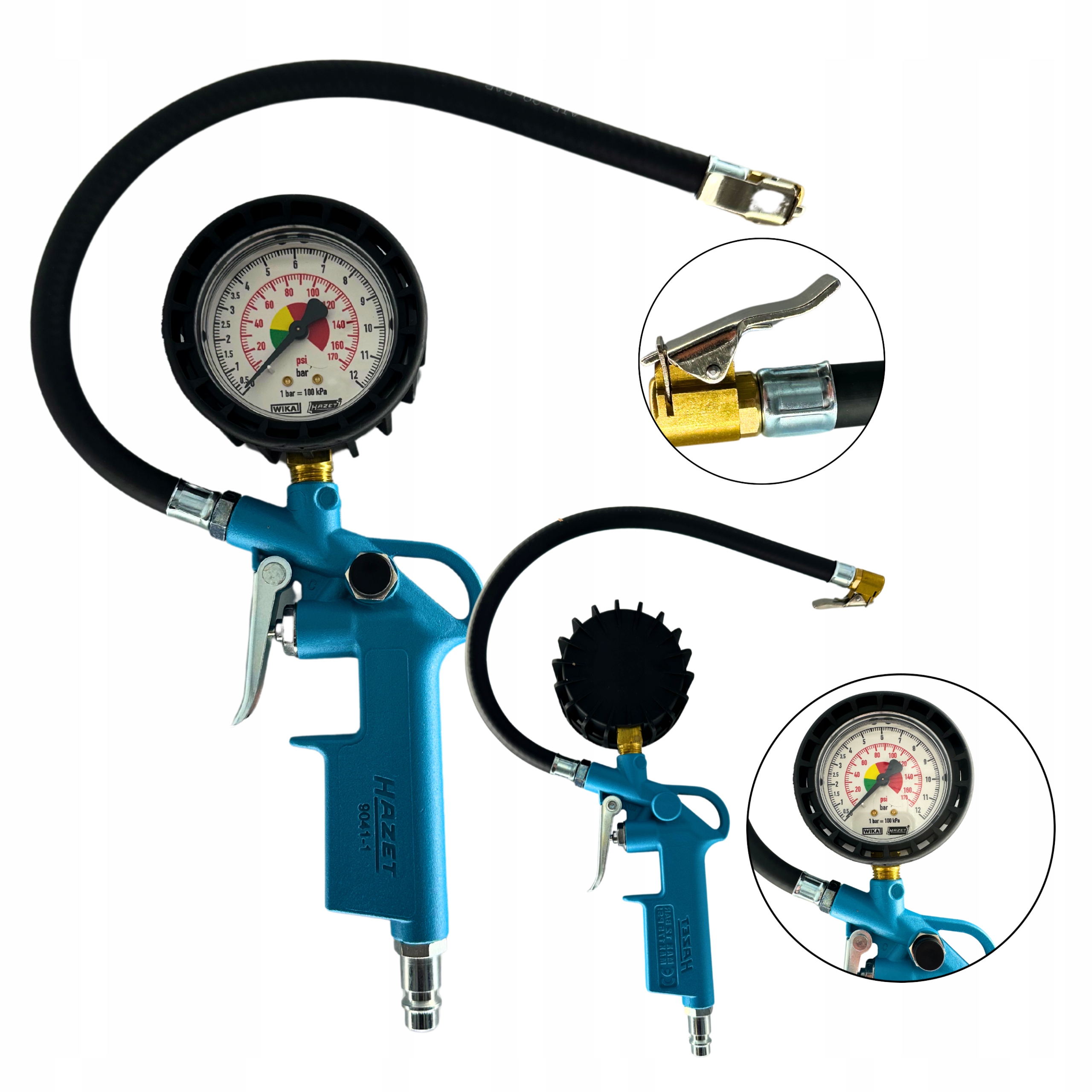 Pištoľ s manometrom na meranie tlaku v kolese a vzduchová pumpa 12 bar