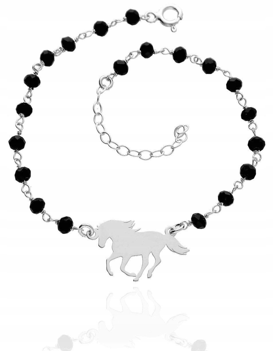 Stříbrný náramek s koňským koníkem Gravírování stříbro 925, černé korálky