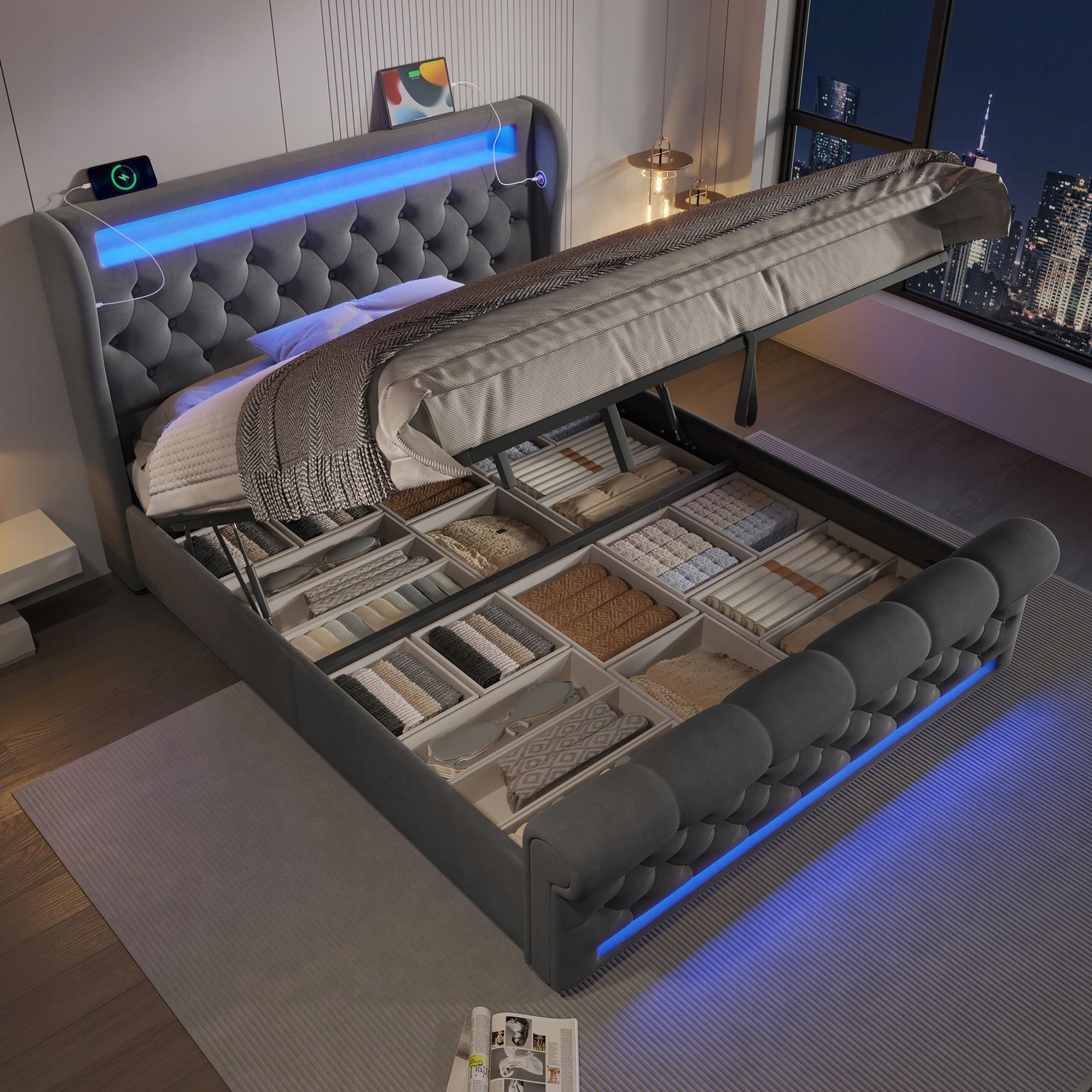 Čalouněná postel Jednolůžko Usb C Led 160 x 200 cm Šedá