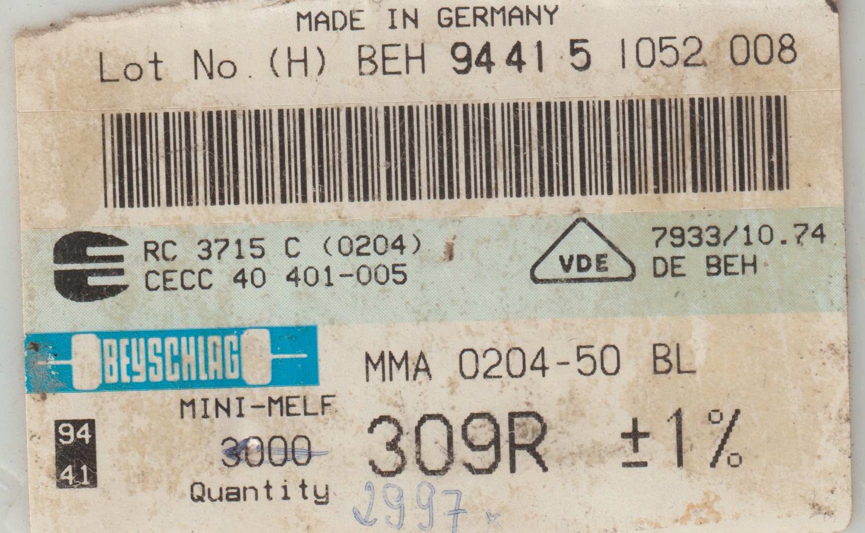 [100szt] 309R 1% 50ppm rezystor Smd minimelf MMA0204 Beyschlag low noise