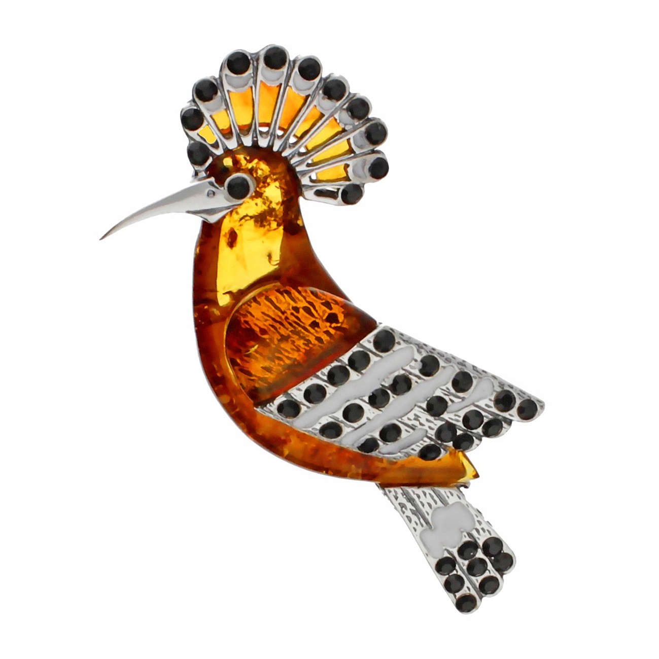 Stříbrná Brož Dudek pták s baltským Jantarem zirkony Stříbro Ag 925