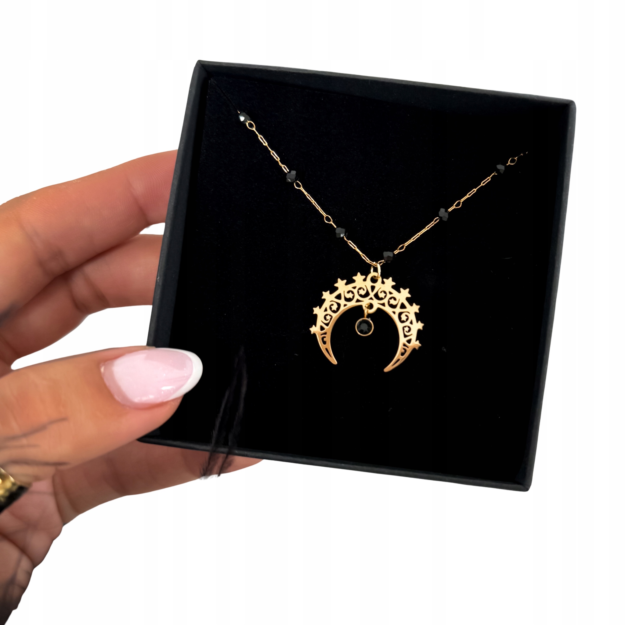 Naszyjnik z onyksem kamień naturalny czarne koraliki z księżycem ze stali