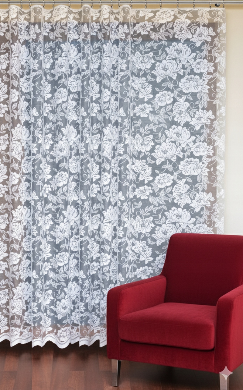 400x250 Hustá záclona s veľkými kvetmi, pripravená na šitie s páskou Haft bez žehlenia