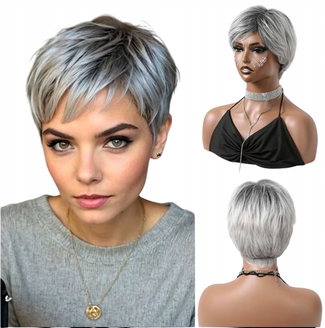 Peruka krótka srebrny siwy pixie włosy na co dzień jak naturalne