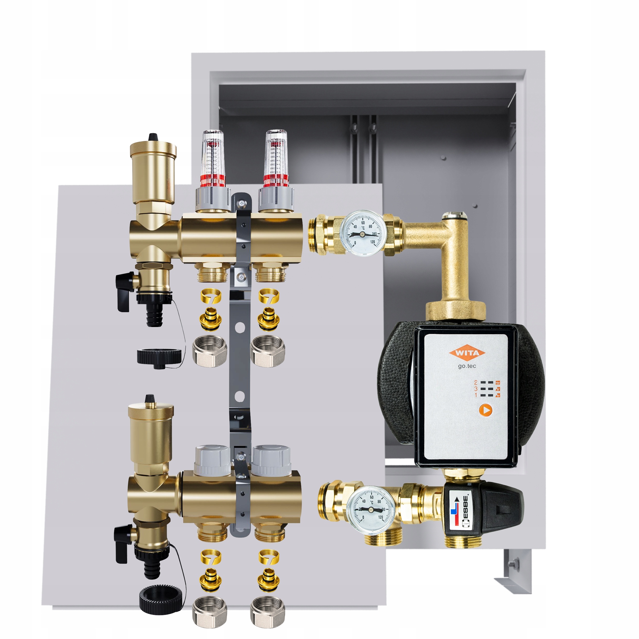 Rozdělovač pro podlahovku 2 okruhy s čerpadlem Wita podomítková skříňka Pex