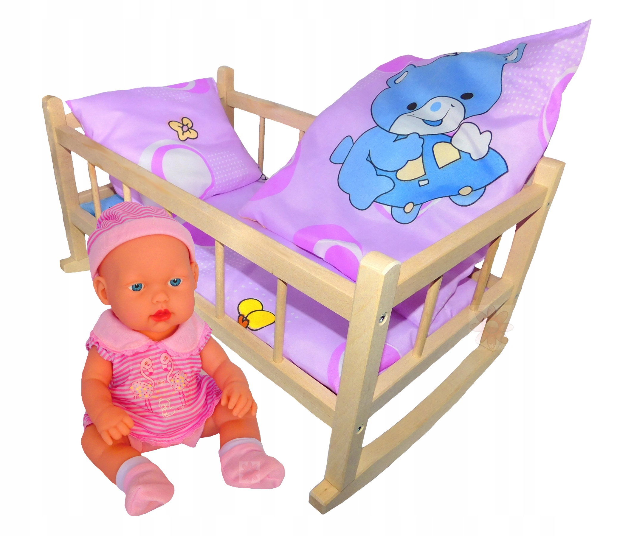 

Duża Kołyska Drewniana Pościel 3ELEM Lalka Dźwięk