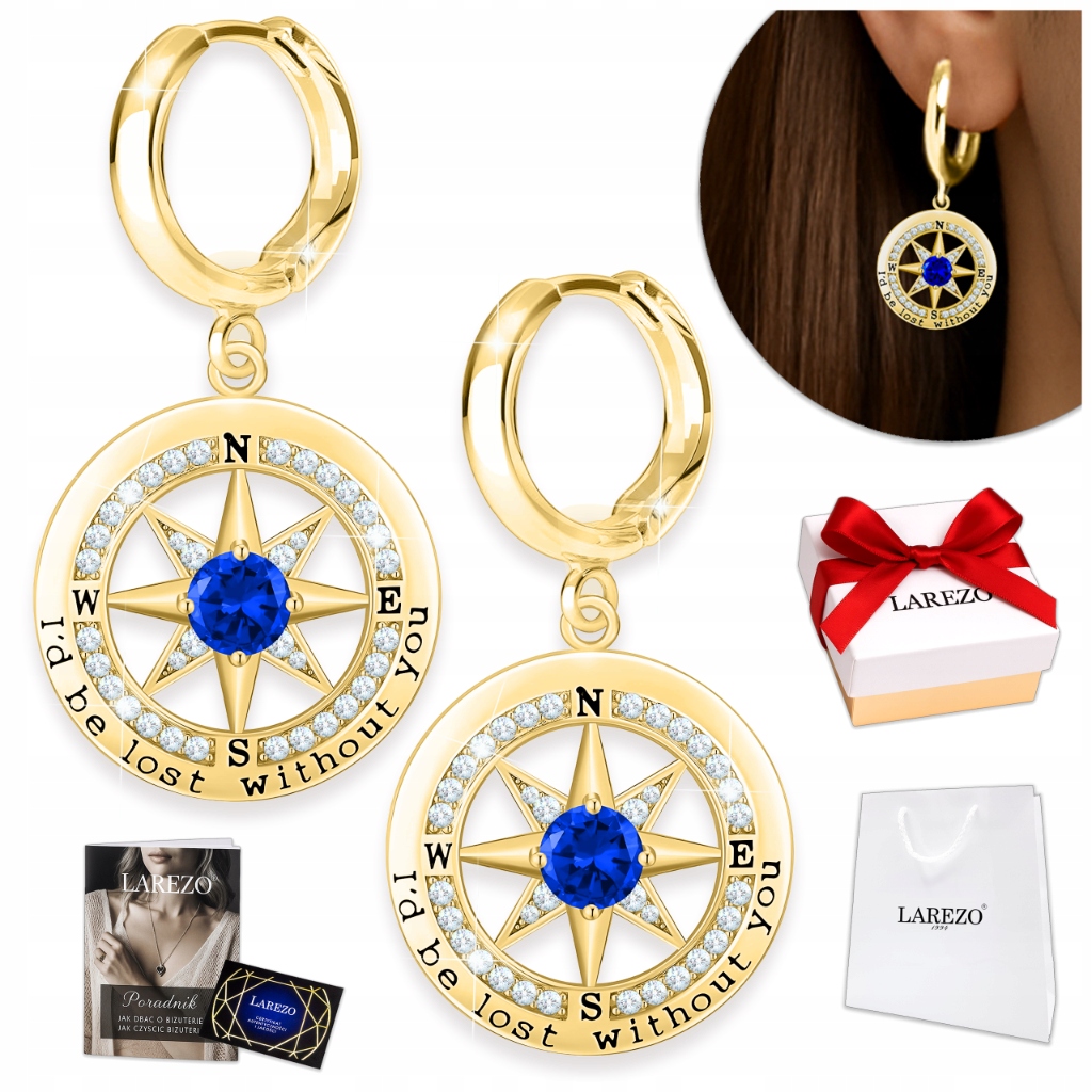 Zlaté Náušnice Kompas Modré Zirkony Kroužky Krystaly Stříbro 925
