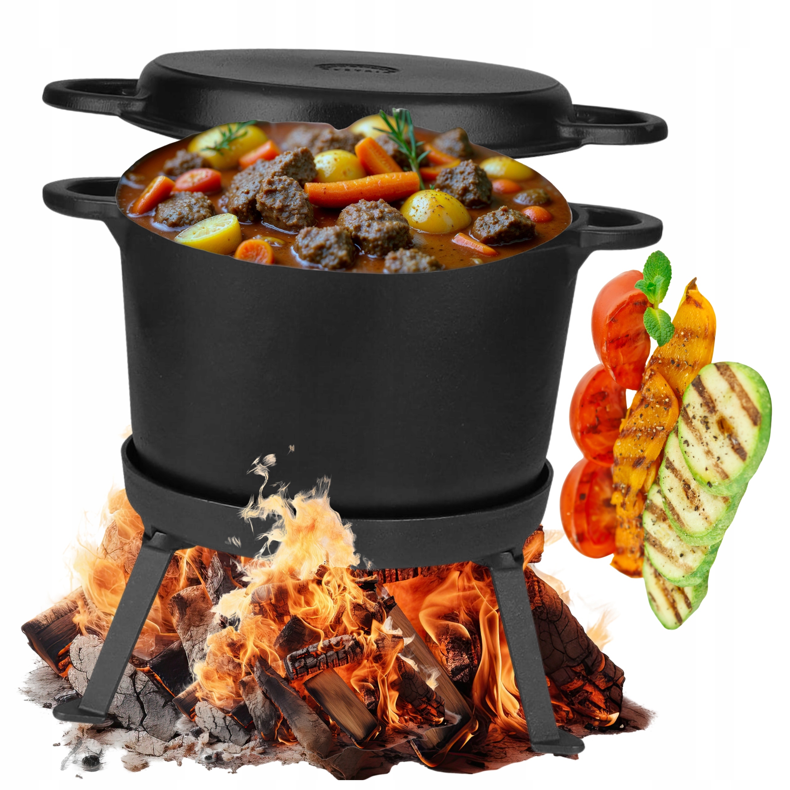 Litinový Kotlík lovecký stojící Hrnec na oheň gril až 12 l