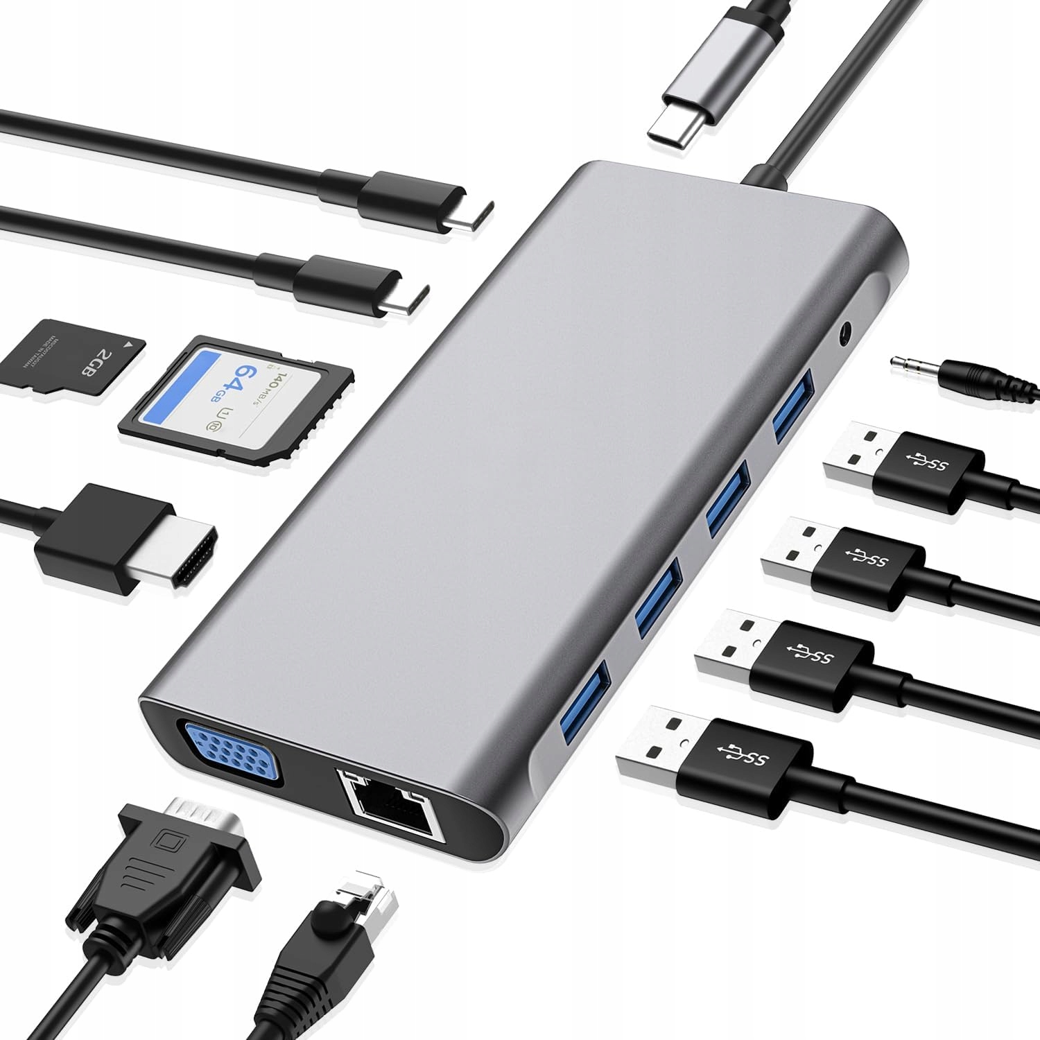 Usb Hub C Špachtle Dokovací Stanice Adaptér 12 V 1 4K Hdmi Vga RJ45 Aux