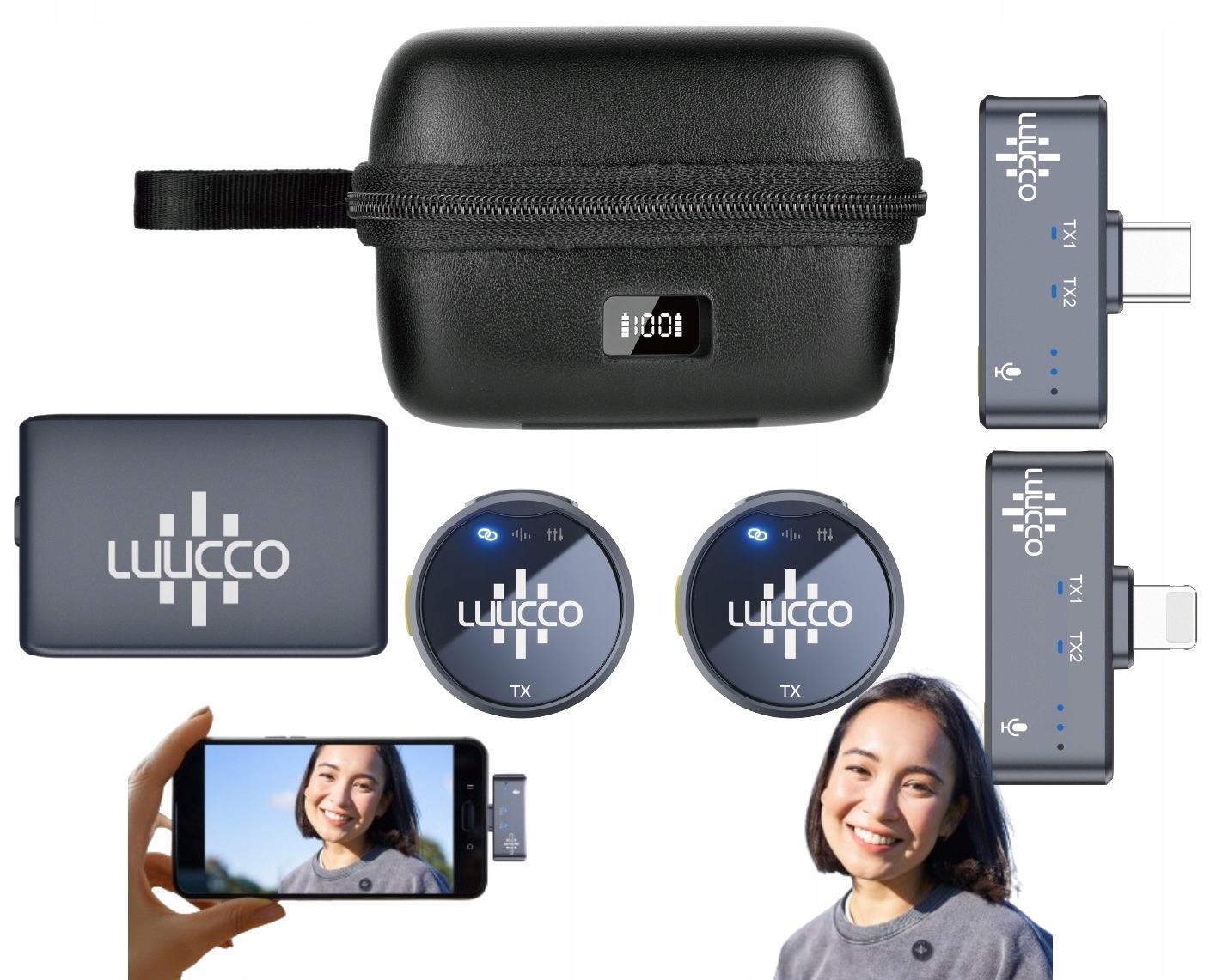 2x Bezdrátový kravatový mikrofon 3v1 pro iPhone Lightning Usb-c 3,5 mm