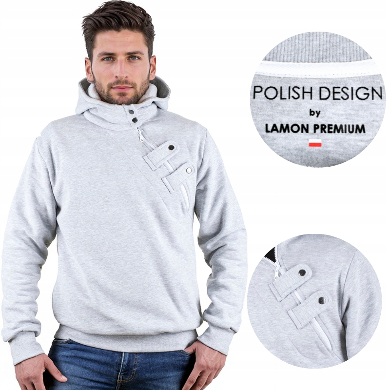 Šedá pánská mikina s kapucí a stojáčkem Lamon Premium Polská Značka L
