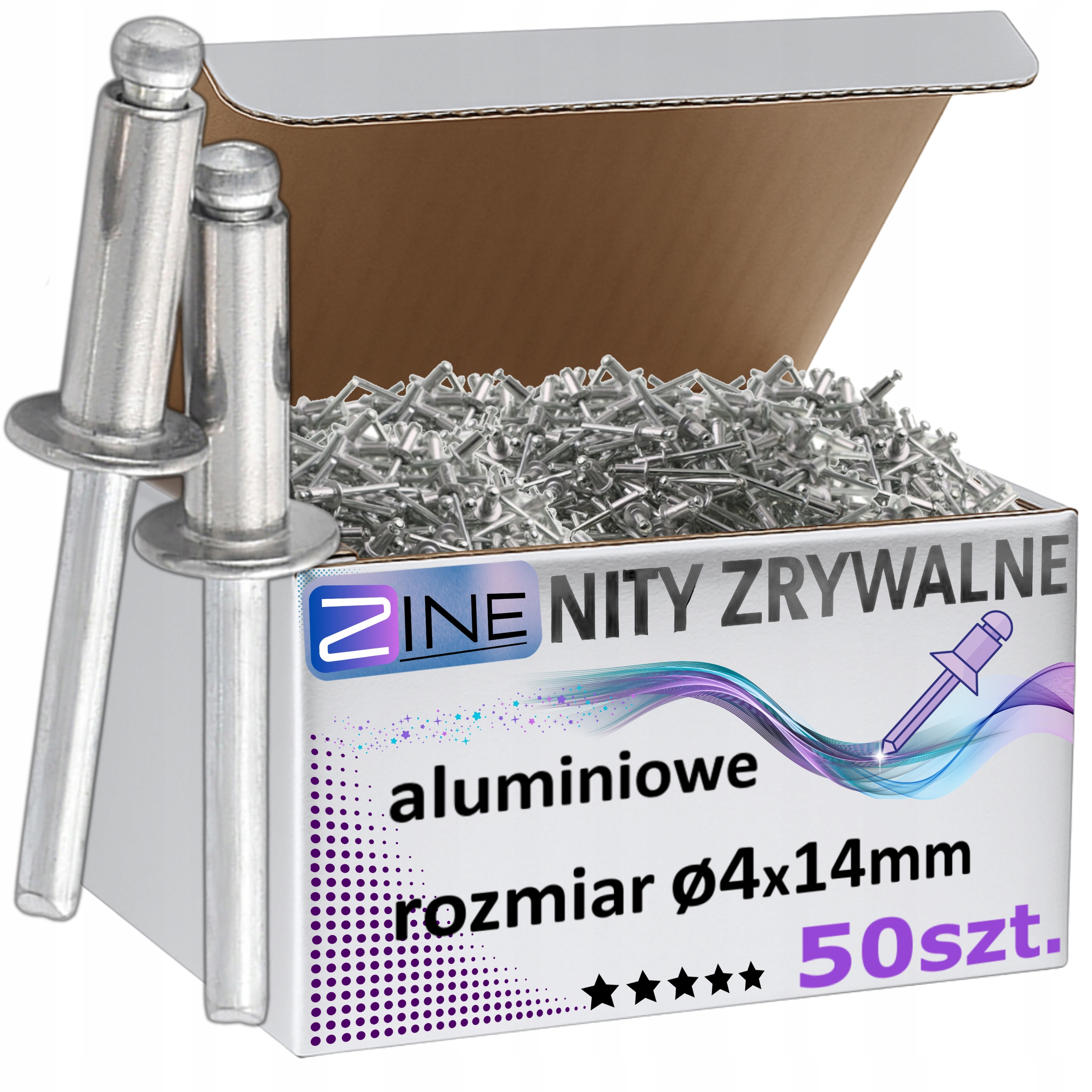 Nity Zrywalne Aluminiowe 4x14mm Odporne na Rdzę Zestaw Nitów Zine 50sztuk