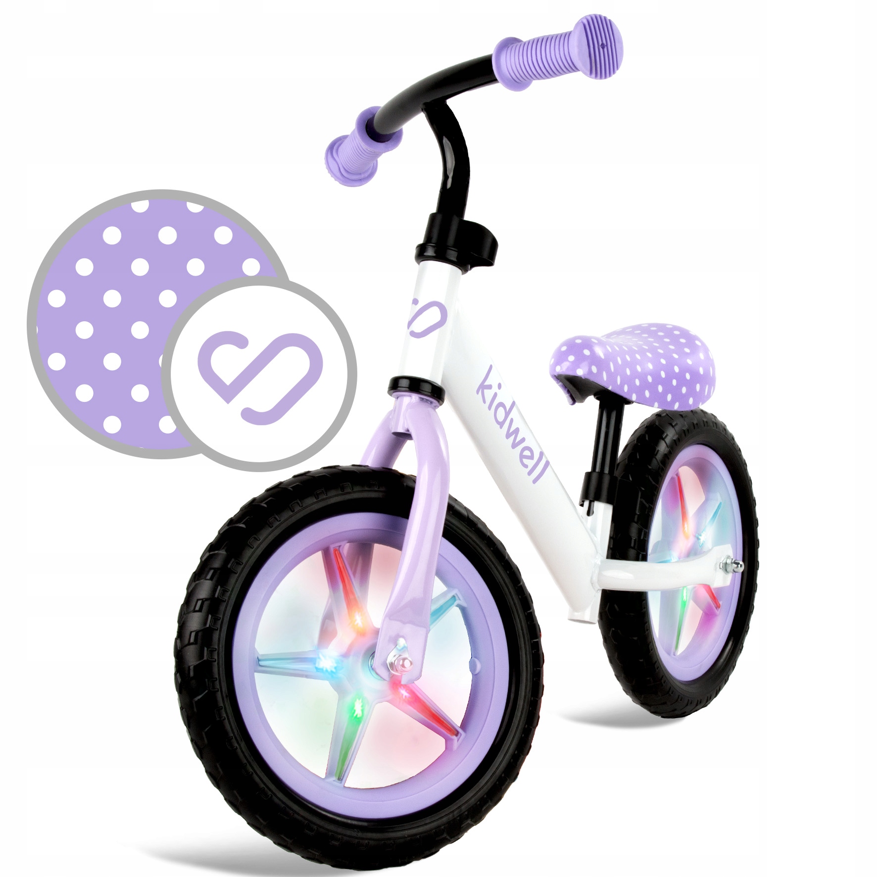 Rower biegowy Kidwell Rebel Led 12" biały, fioletowy kropki dla dziewczynki