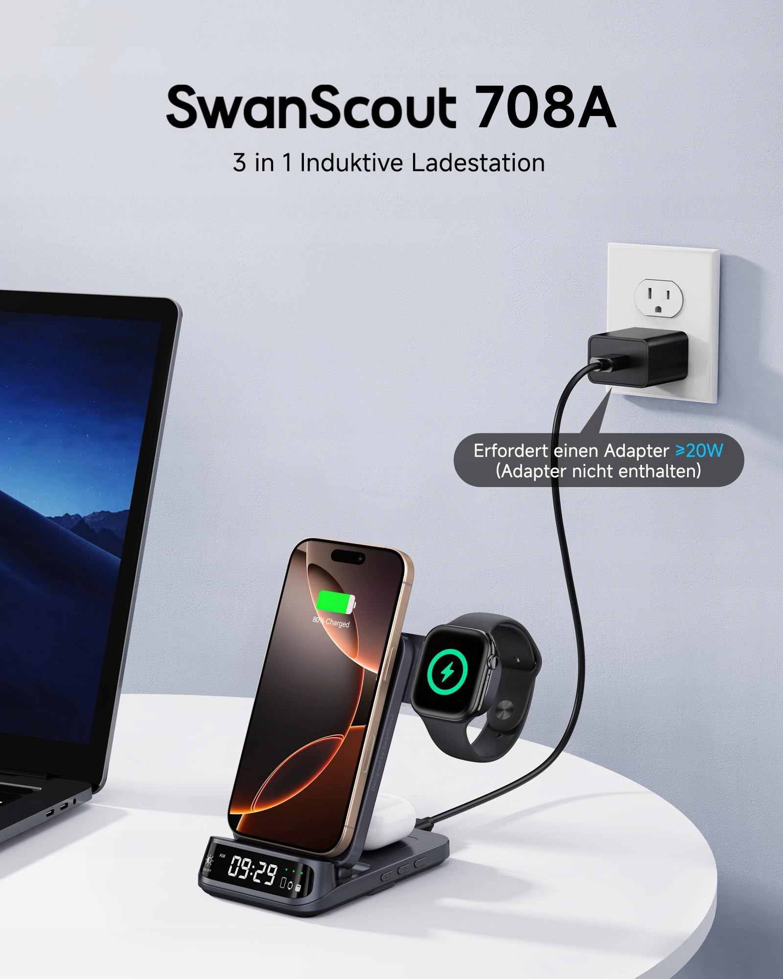 SWANSCOUT Stacja Ładowania Indukcyjna 3w1 iPhone Apple Watch AirPods — miniatura 2