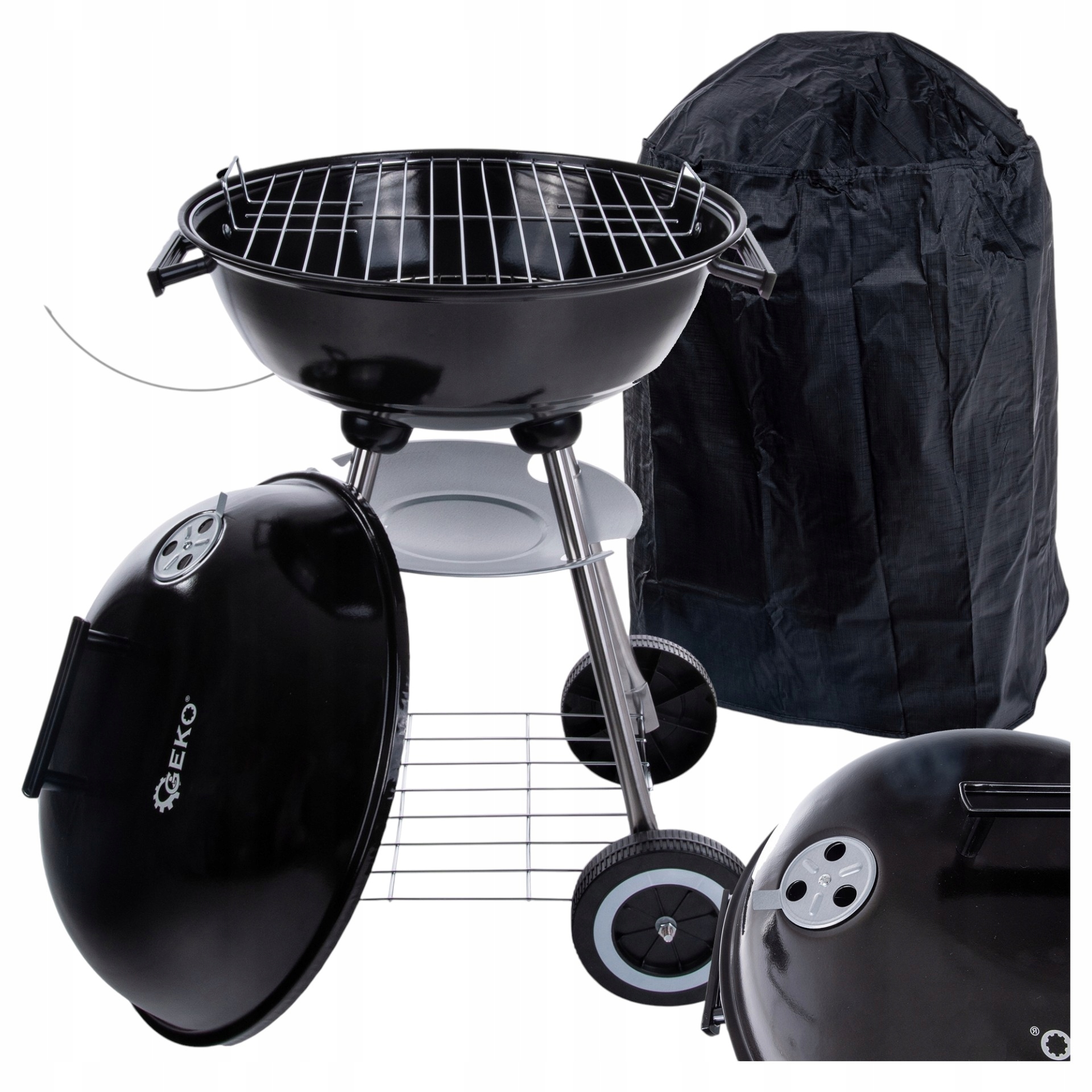 Ogrodowy Grill Węglowy Duży Ruszt 41CM Z Pokrywą I Pokrowcem Czarny Geko