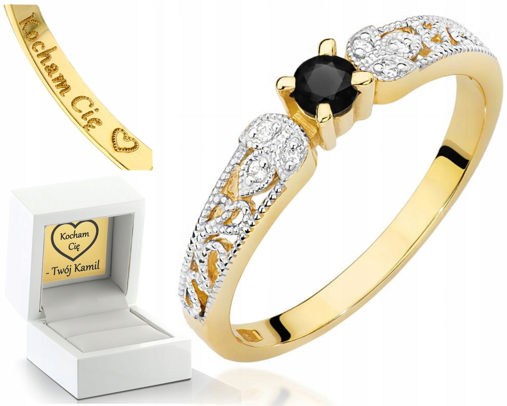 Žluté Zlato Prstýnek Černý Briliant A Diamanty 585 Gravírování