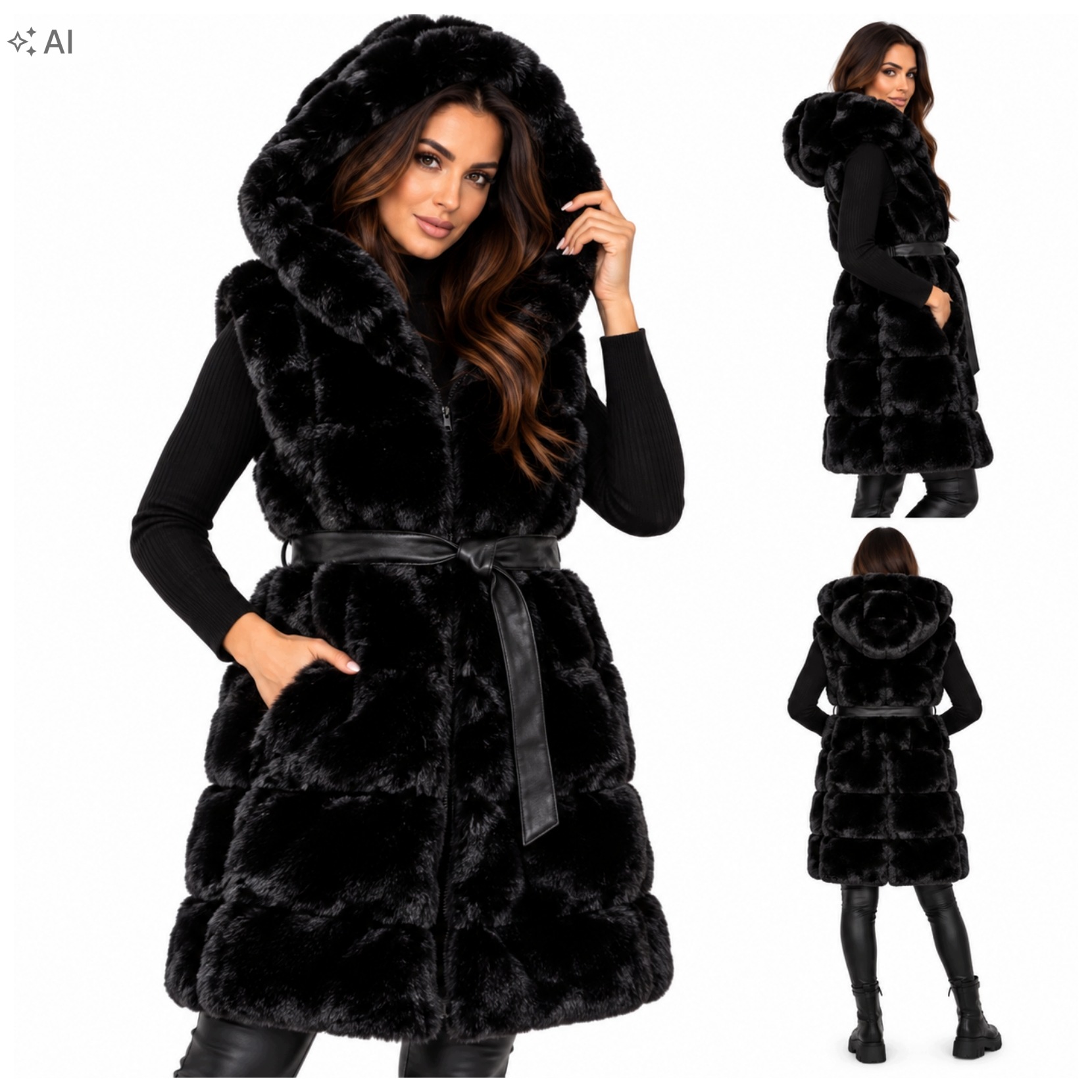 Černá dámská kožešinová vesta s kapucí Dlouhá na zip Elegantní XL