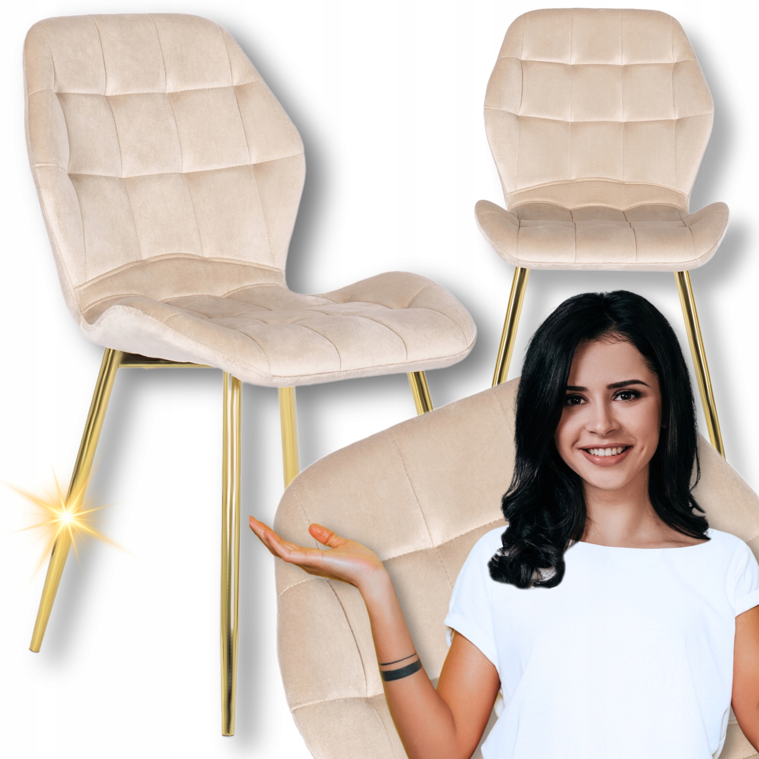 Jídelní židle do obývacího pokoje se zlatými nohami Velurová Velvet Krémová Lucky