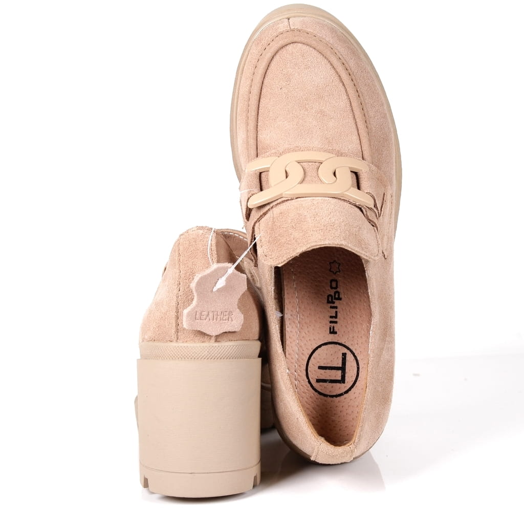 iButy PÓŁBUTY SKÓRZANE MOKASYNY NA SŁUPKU OBCASIE BEŻOWE Z ŁAŃCUCHEM NEW Długość wkładki 24 cm