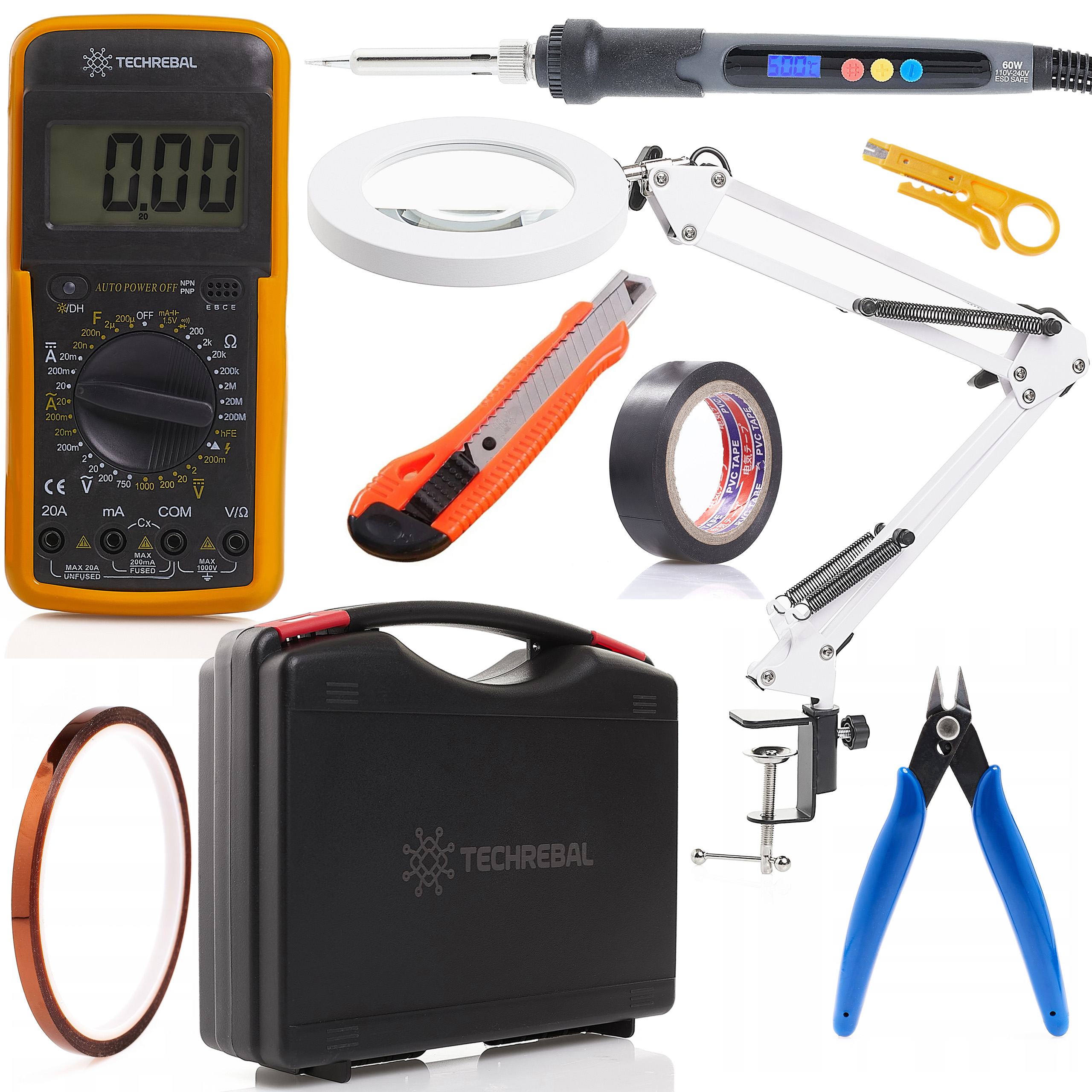 LAMPA LED Z LUPĄ LUTOWNICA 60W MULTIMETR WALIZKA I AKCESORIA SERWISOWE NÓŻ