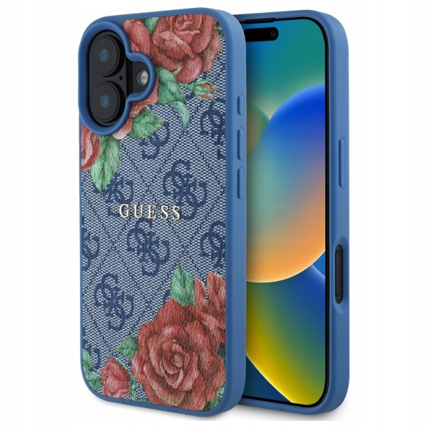Pouzdro Guess 4G Flowers Print MagSafe pro iPhone 16 6.1", modré
