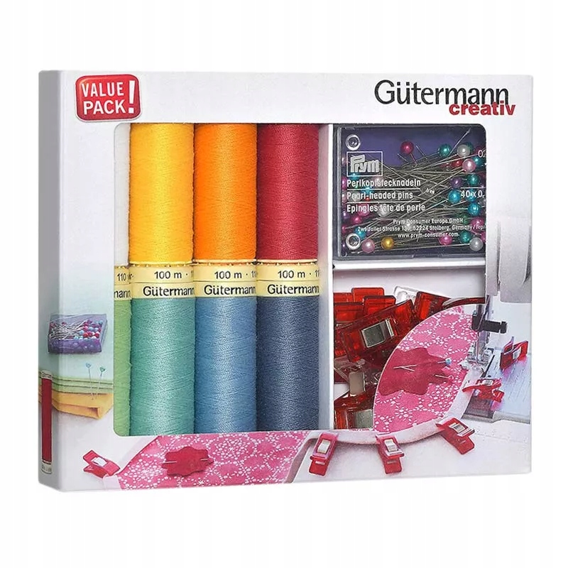 Sada šicích nití Gutermann 8 barev špendlíky klipy 100 ks