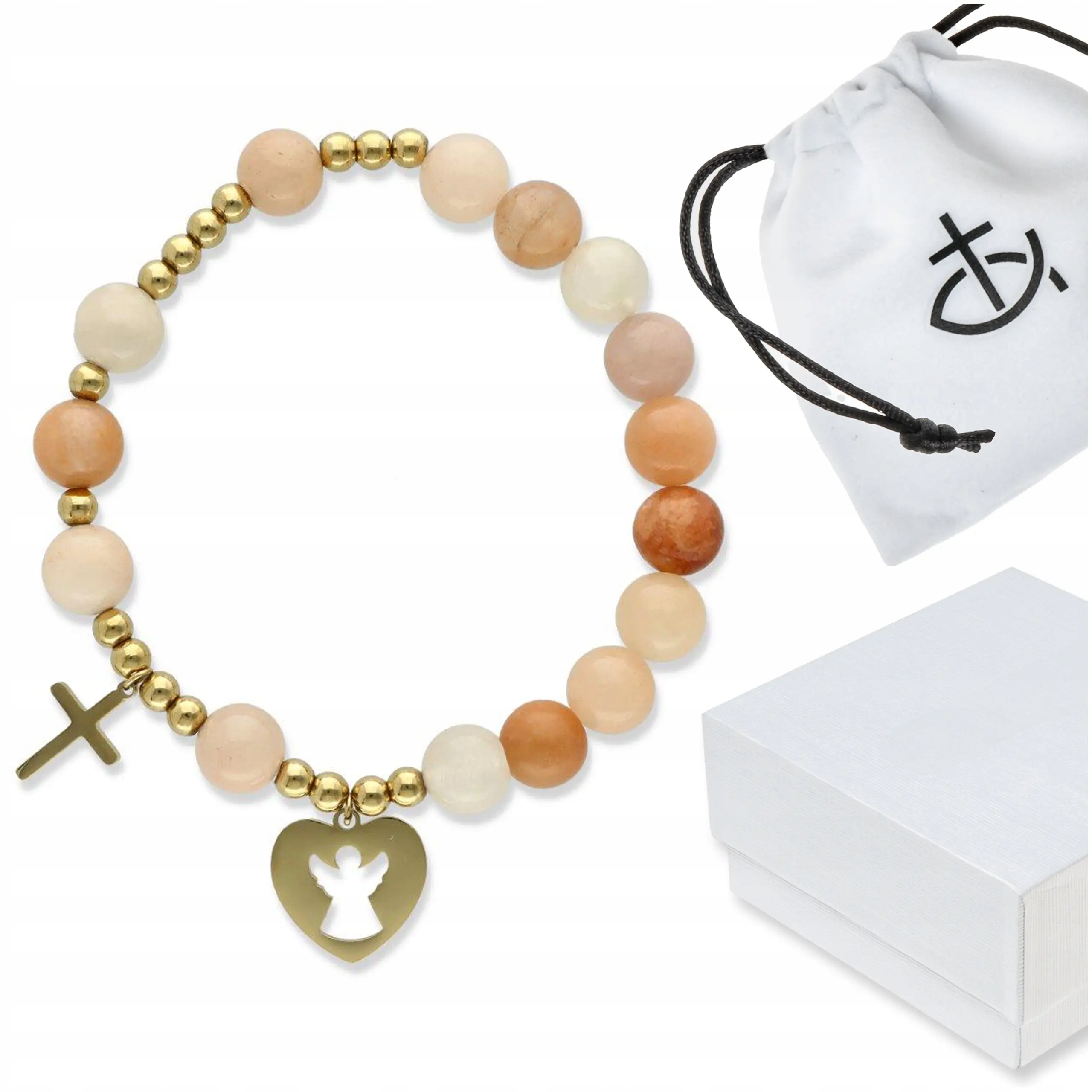 Dámský náramek růženín z přírodních kamenů s křížkem a srdíčkem