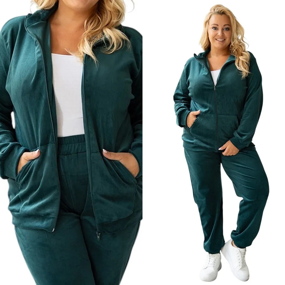 Dámská velurová Teplákovka souprava bez kapuce 4XL/5XL tmavě zelená