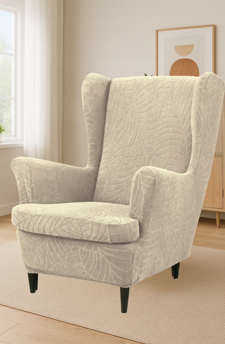 Potah Na Křeslo Ušák Béžový Kašmírový Velur Žakárové Vzory Elastický