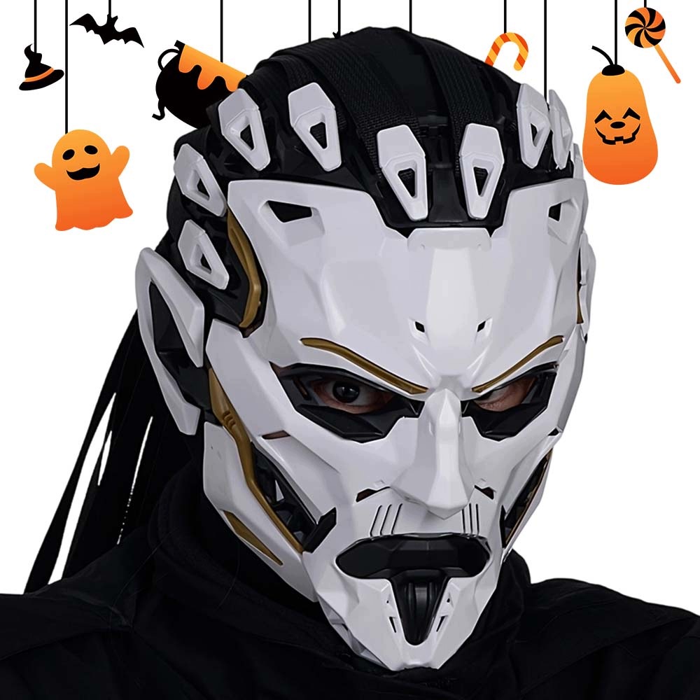 Cyberpunk maska Mech, celoobličejová, bílo-zlatá, na Halloween