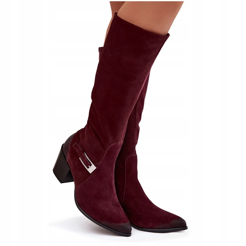 Kozačky Ze Semiše Na Podpatku S Přezkou Zateplené Zazoo 70156 Bordové 37