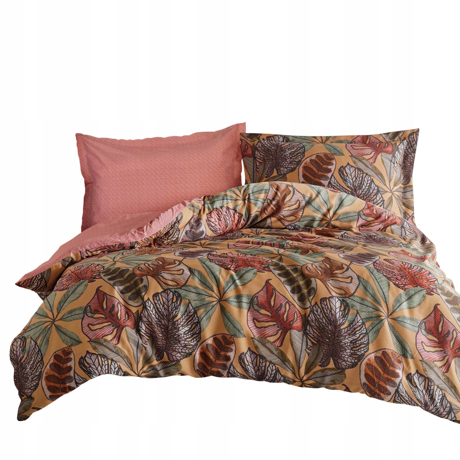 Posteľná Bielizeň bavlnená saténová Greta 200x220 béžová červená s farebnými listami