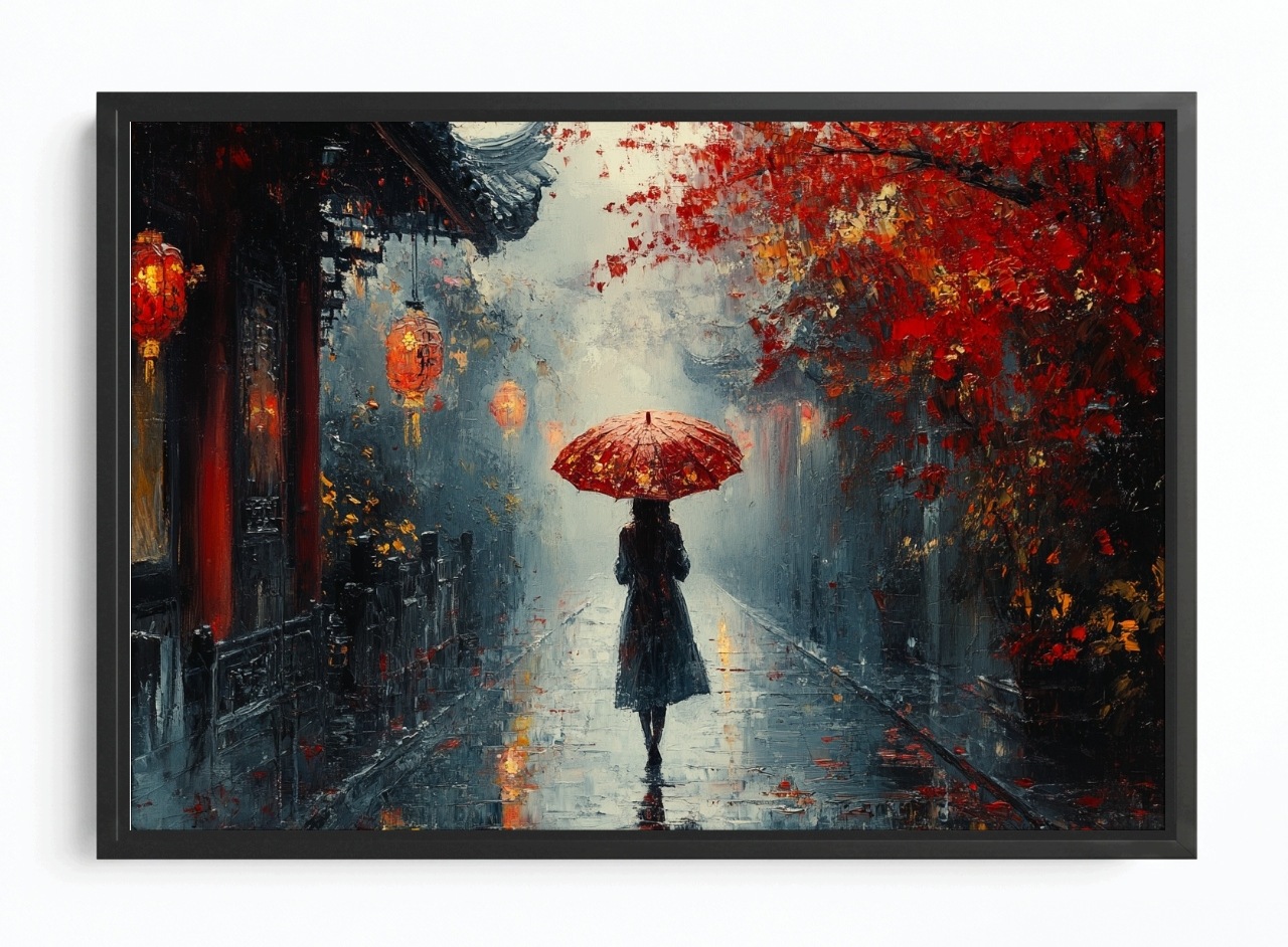 Obraz Rám Americká Krabička Žena Deštník Orient Ulička Podzim Mlha 60x40