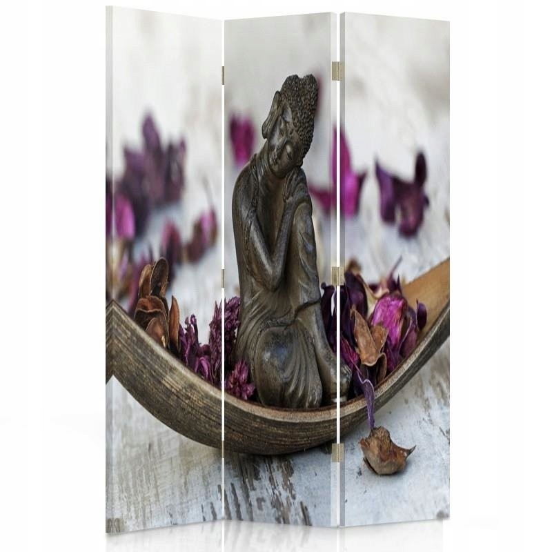 Obojstranný otočný paraván Buddha s fialovými okvetnými lístkami 110x170