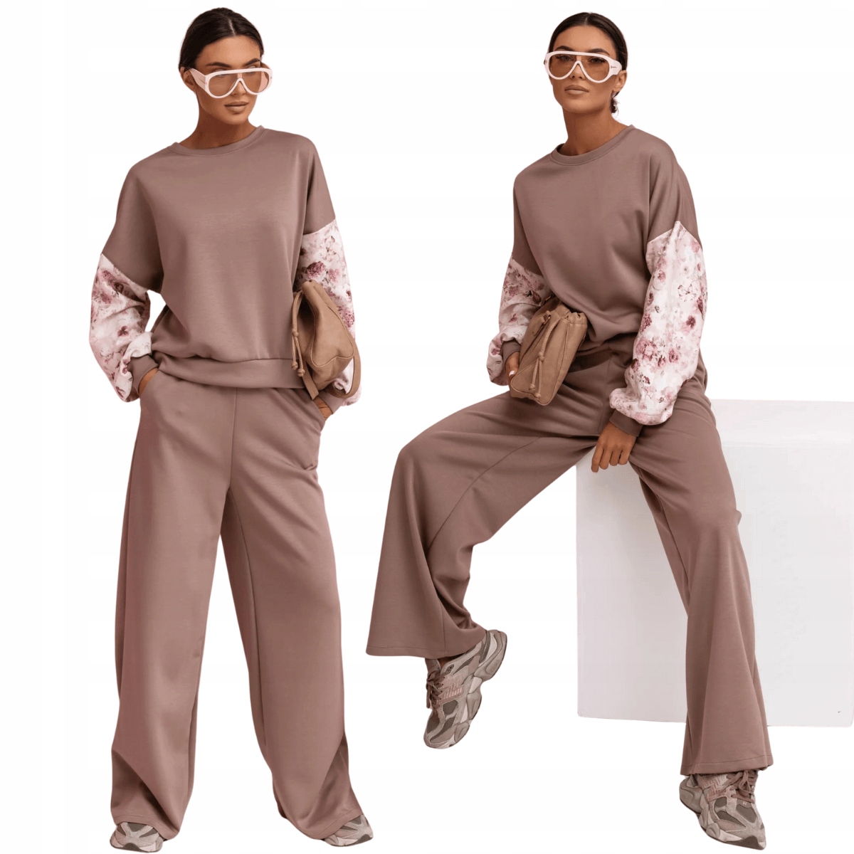 Tepláková souprava z viskózy s volnými květy střih 557 cappuccino L/XL