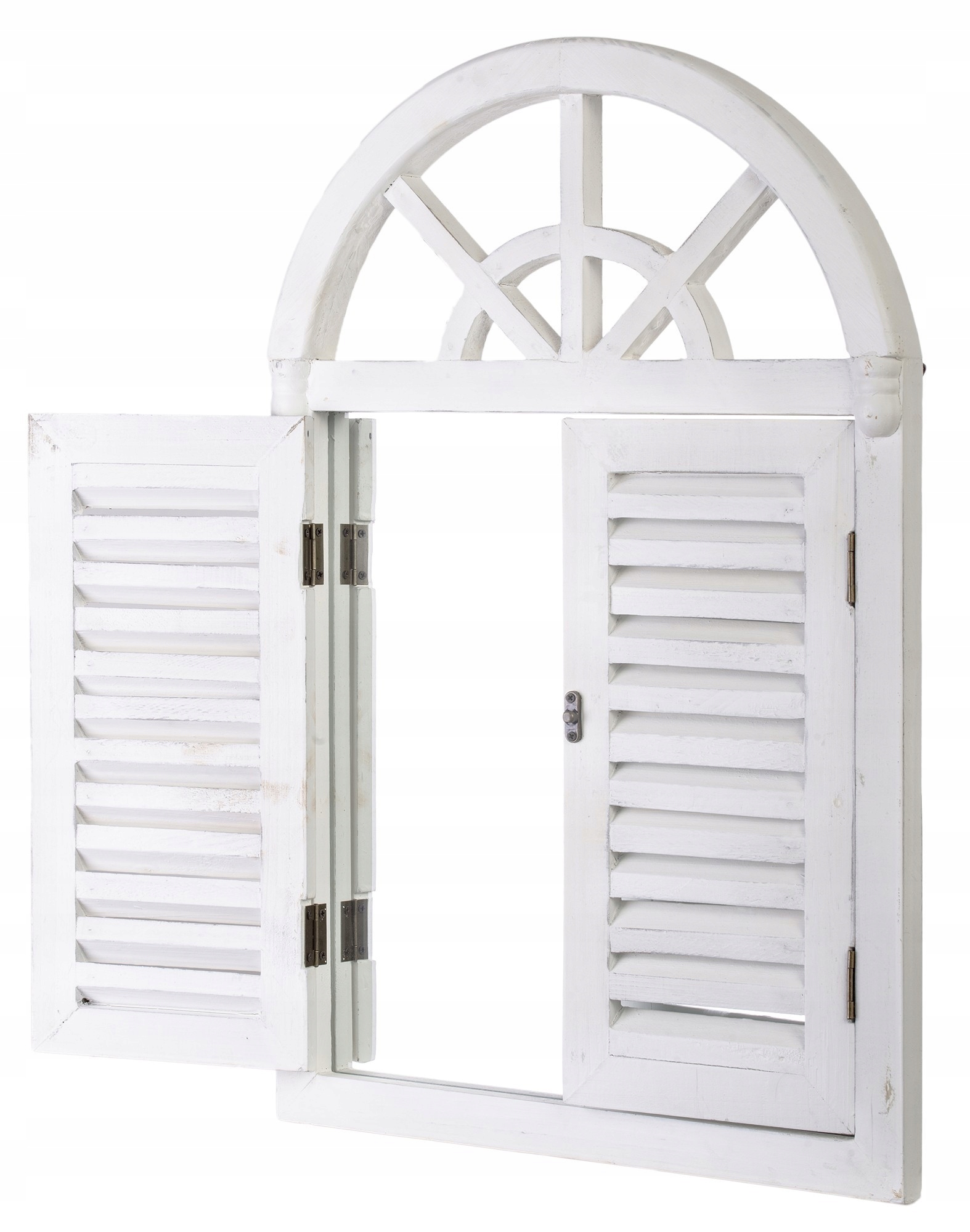Lustro białe ścienne okiennica retro otwierane łukowe rama drewno okienne
