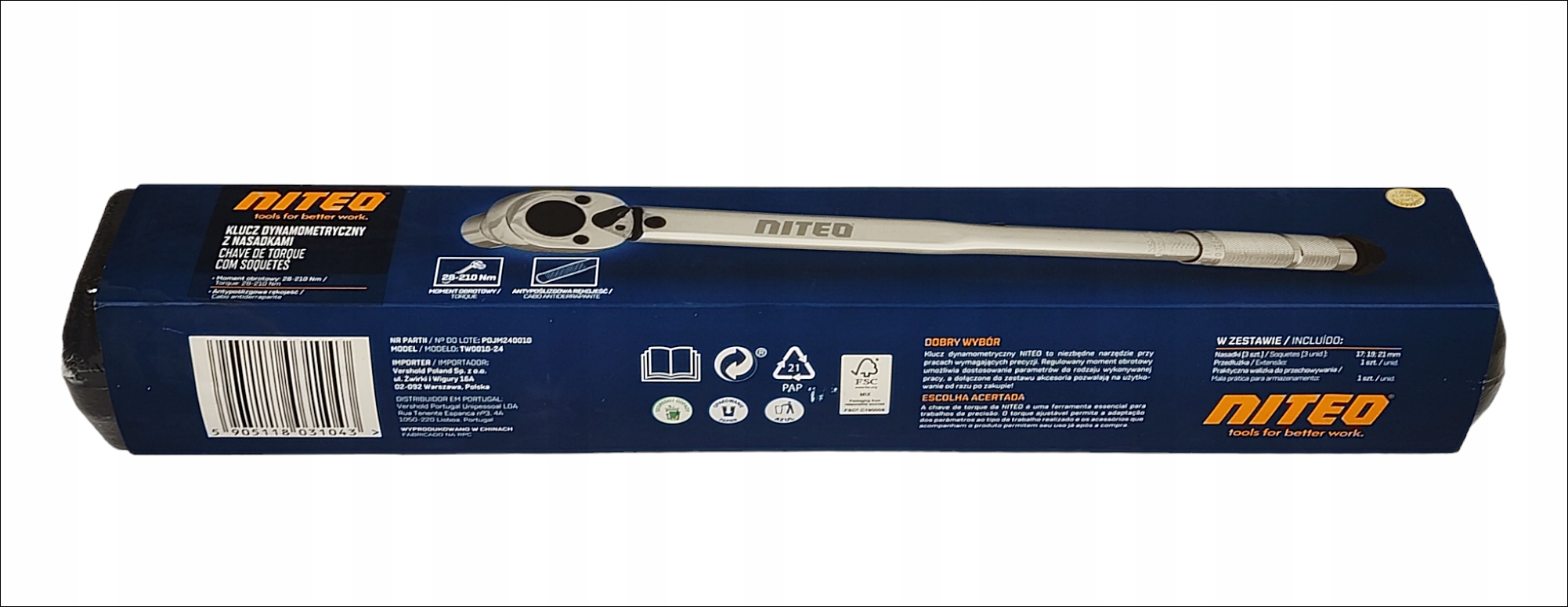 NITEO KLUCZ DYNAMOMETRYCZNY Z TRZEMA NASADKAMI 28-210 Nm + WALIZKA Marka Niteo Tools