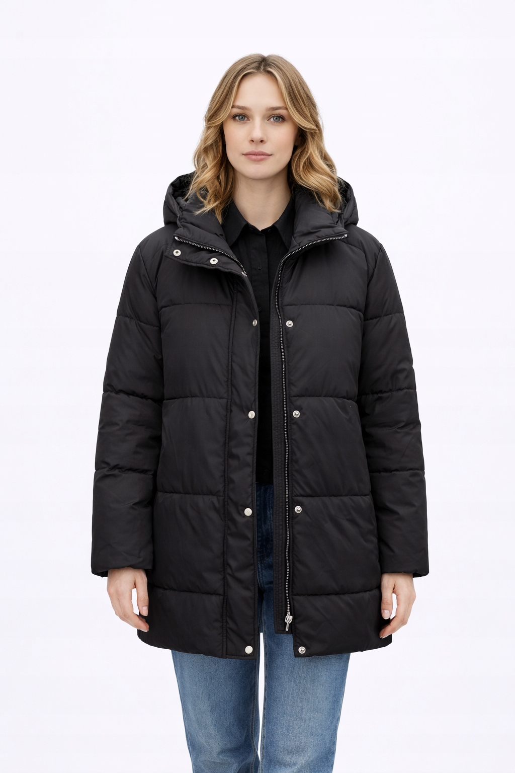 Černá Prošívaná Bunda S Kapucí Zip S I4A