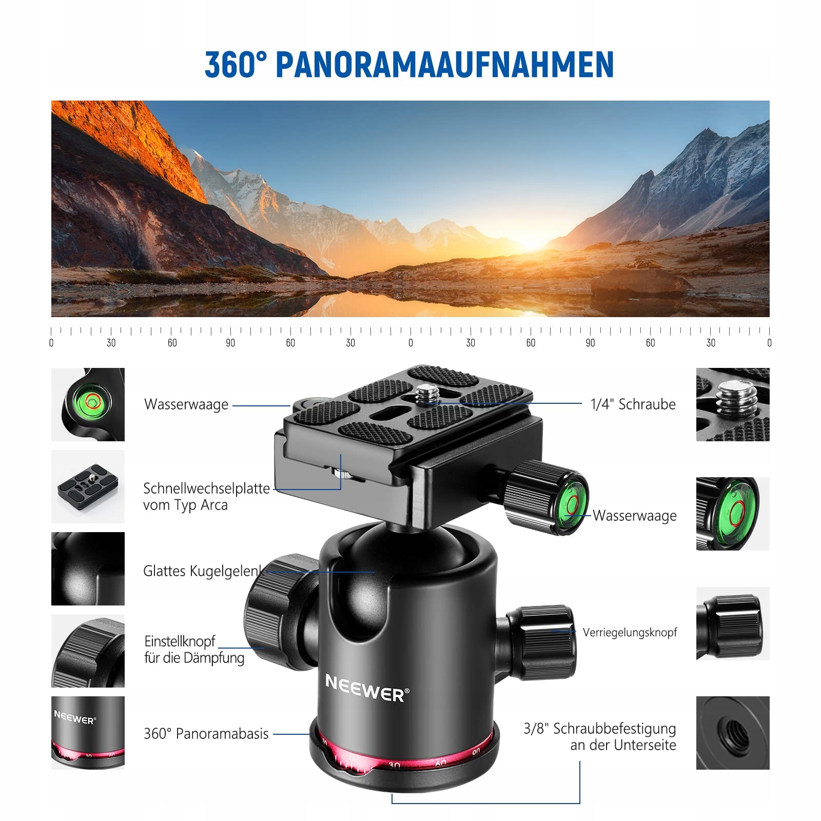 NEEWER Statyw Podróżny Z Włókna Węglowego 360° Głowica Kulowa Monopod — miniatura 5