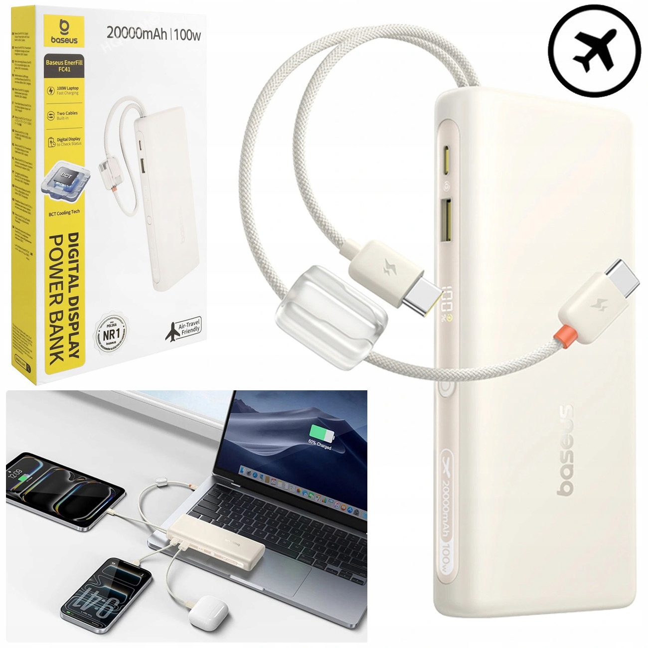 Baseus Powerbanka 20000 mAh 100 W S Vestavěnými Usb-c Kabely Pro 4 Zařízení