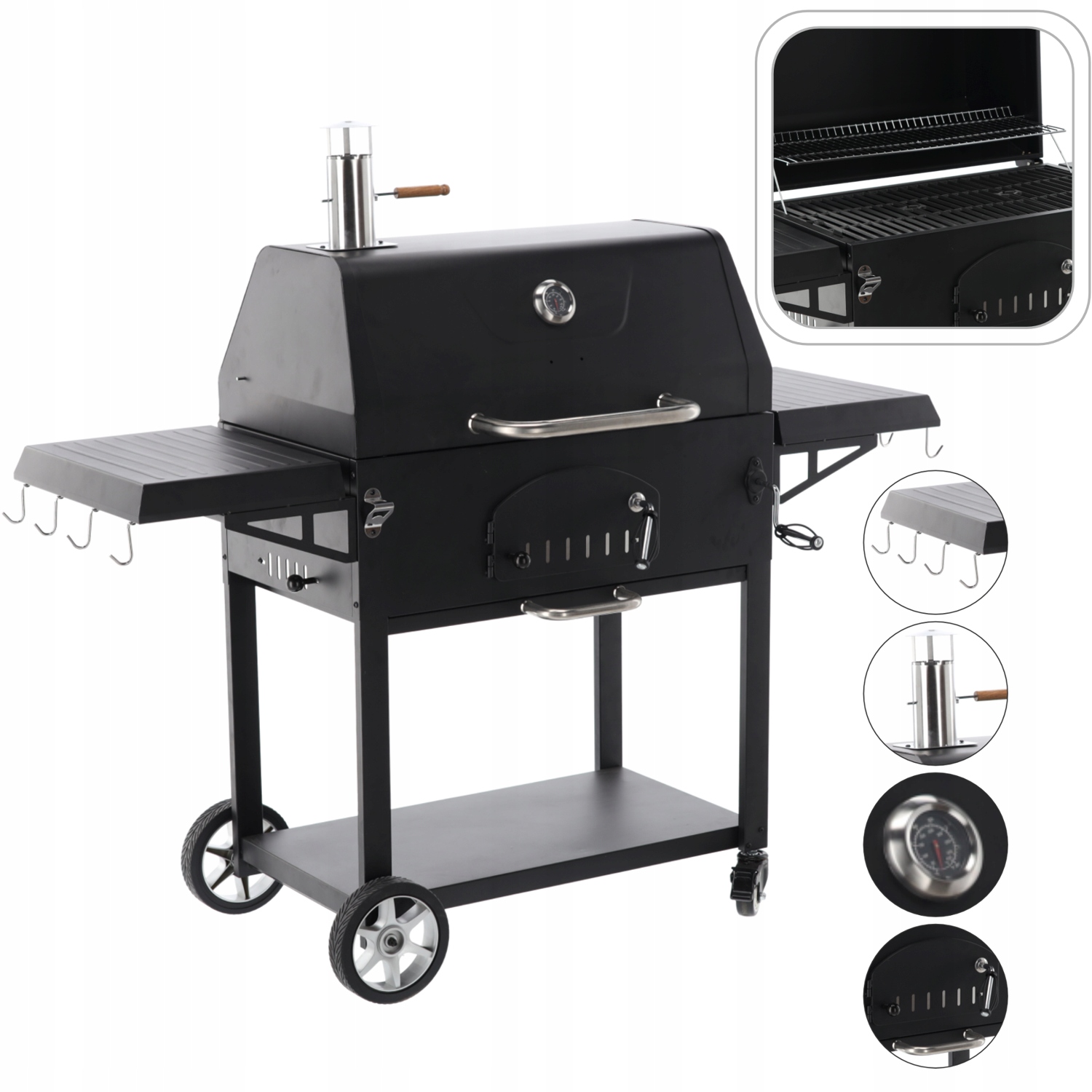 Grill Węglowy Vulcano XXL Z Pokrywą Termometrem, Żeliwny Ruszt,półki, Kółka