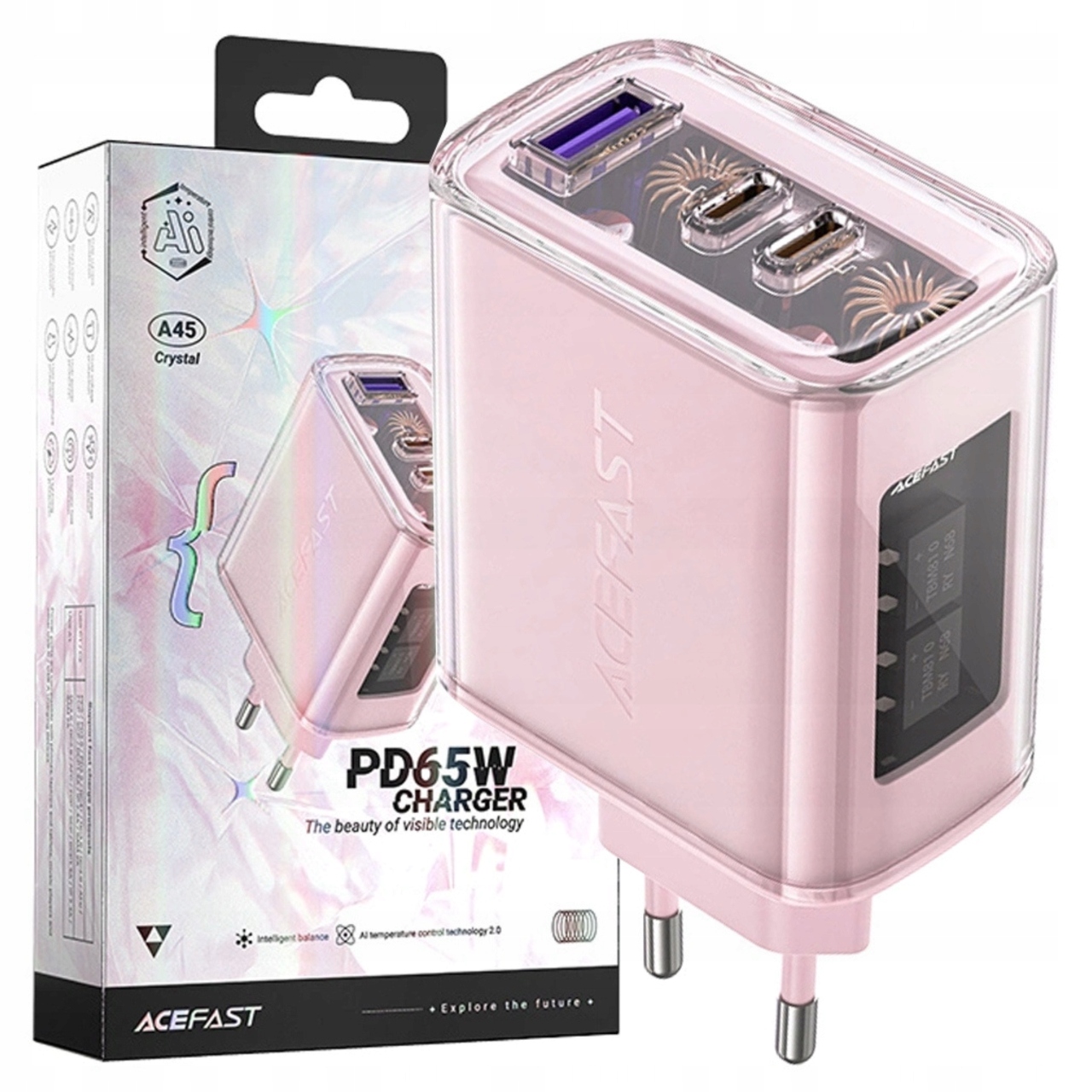 Acefast nabíječka GaN 65W 3 porty (1xUSB, 2xUSB C) růžová (A45)