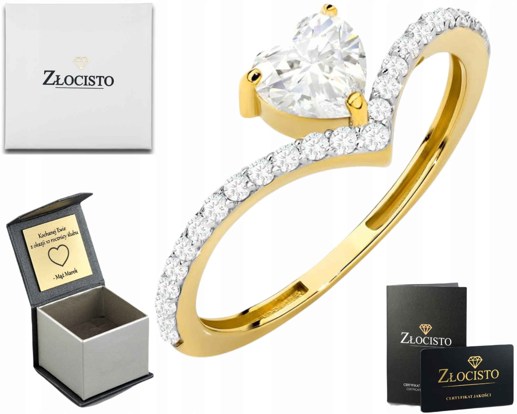 Prstýnek Prsten Zdobené Zirkony Se Srdcemi Zlato 585 14K Dárek Gravírování