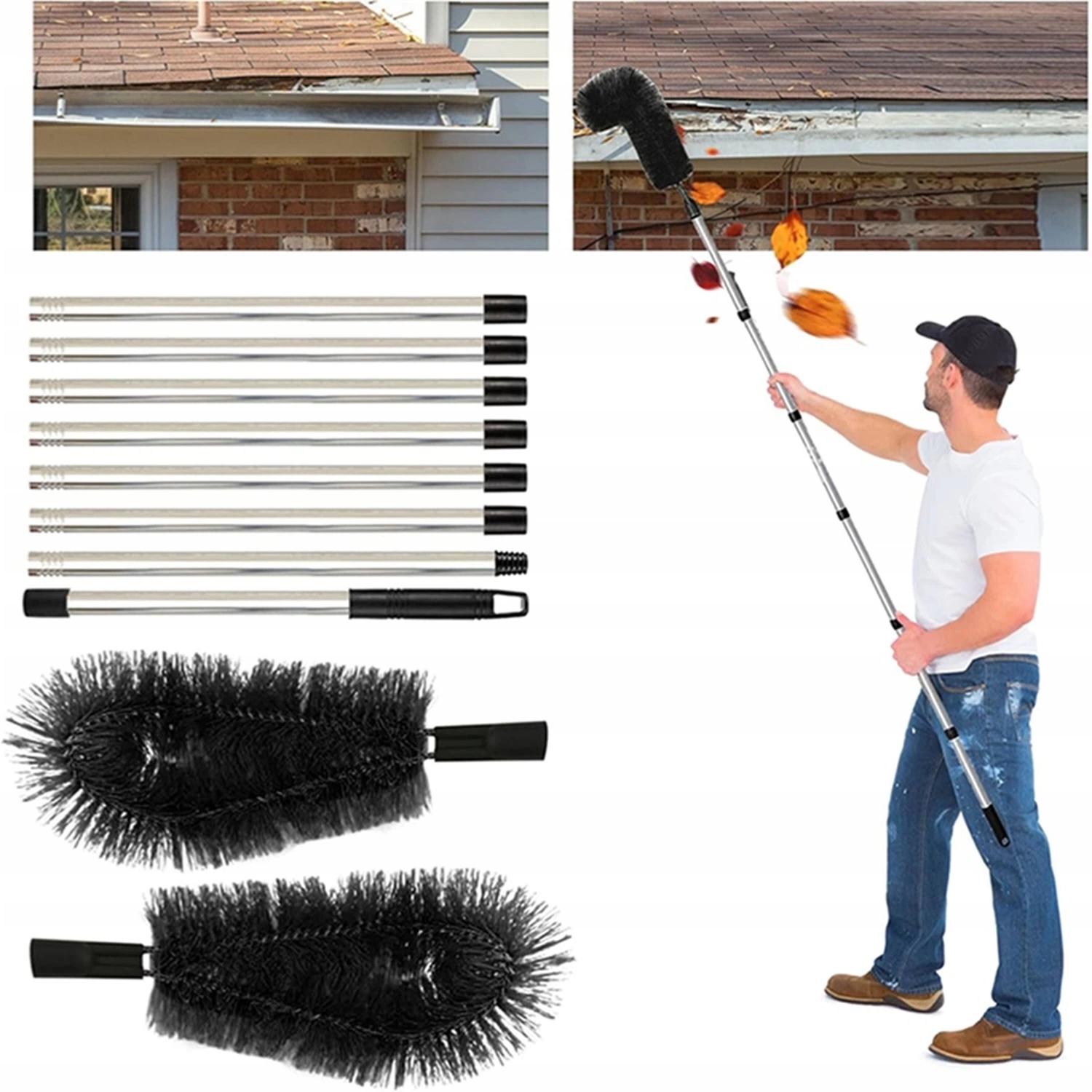 Levně Teleskopický Kartáč Na Okapy 2 Kartáče Odstraňující Nečistoty