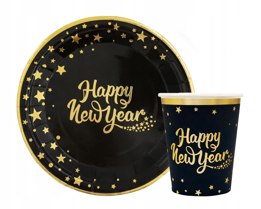 

Talerzyki kubeczki Happy New Year czarne Nowy Rok