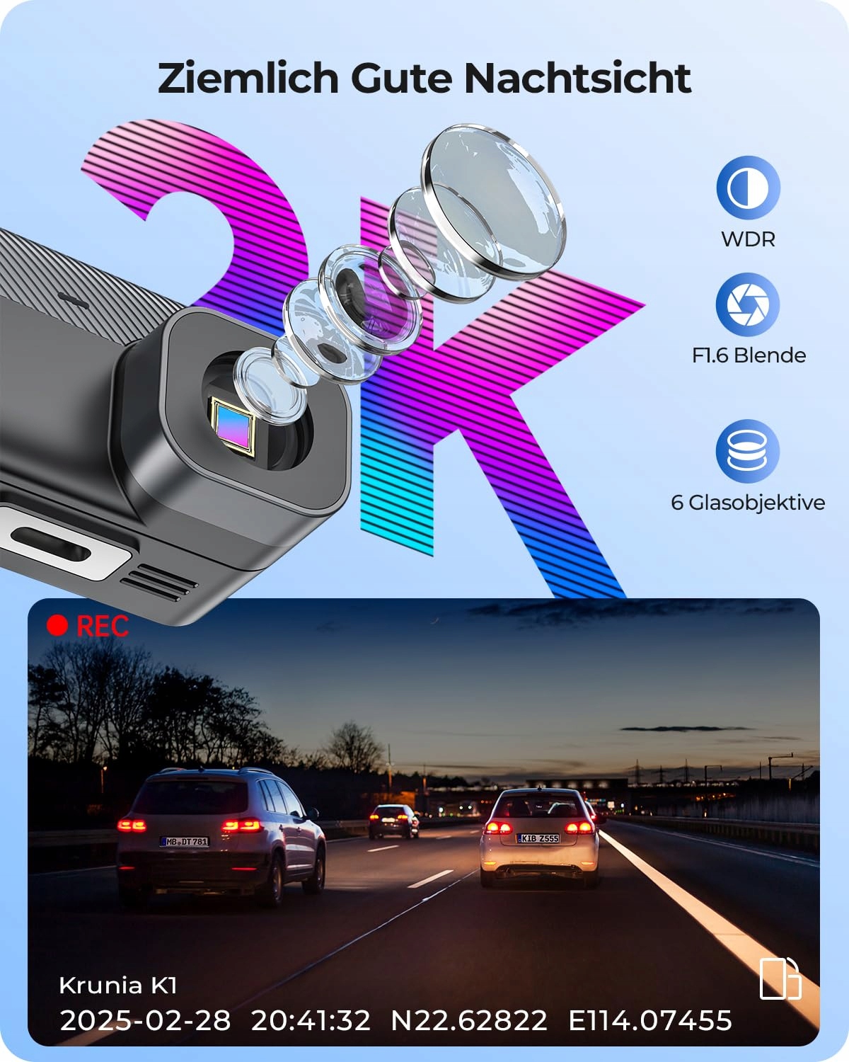 KRUNIA 2K WiFi Kamera Samochodowa GPS WDR Nocny Tryb 170° Kąt Widzenia — miniatura 6