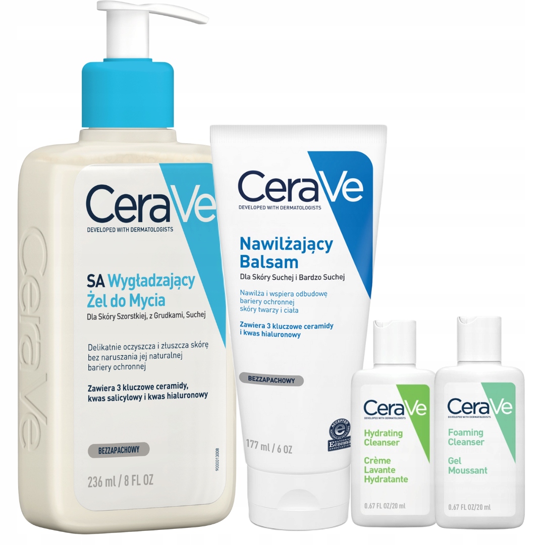 CeraVe Sa Żel Wygładzający do Mycia 236ml, Balsam Nawilżający 177ml