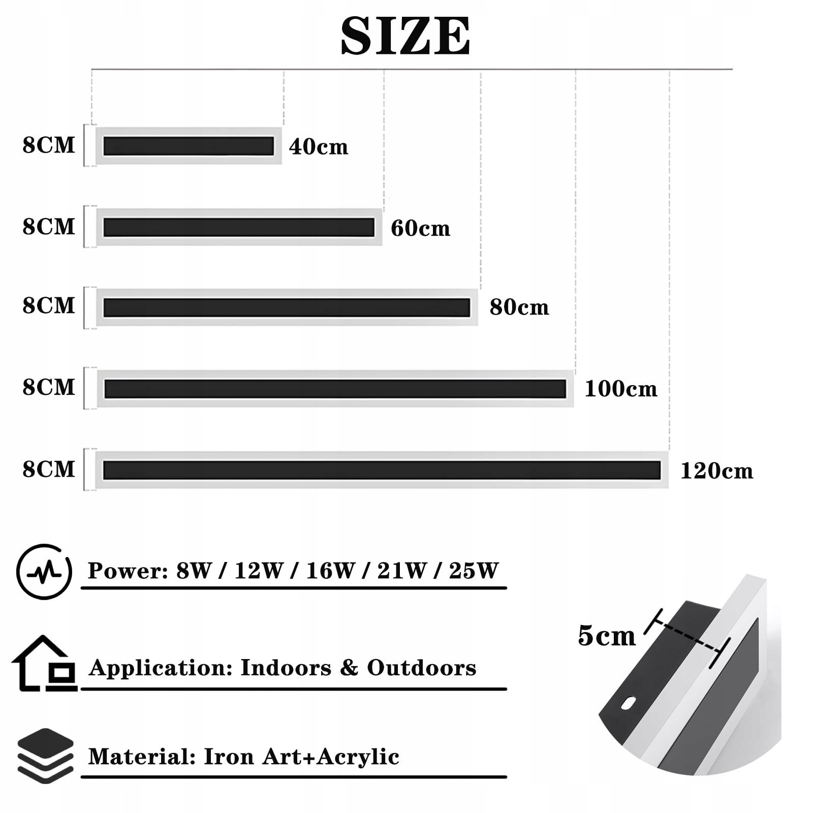 ZTWLEED Lampa Ścienna LED Zewnętrzna 16W IP65 6000K Czarna 80CM Ogród — miniatura 4