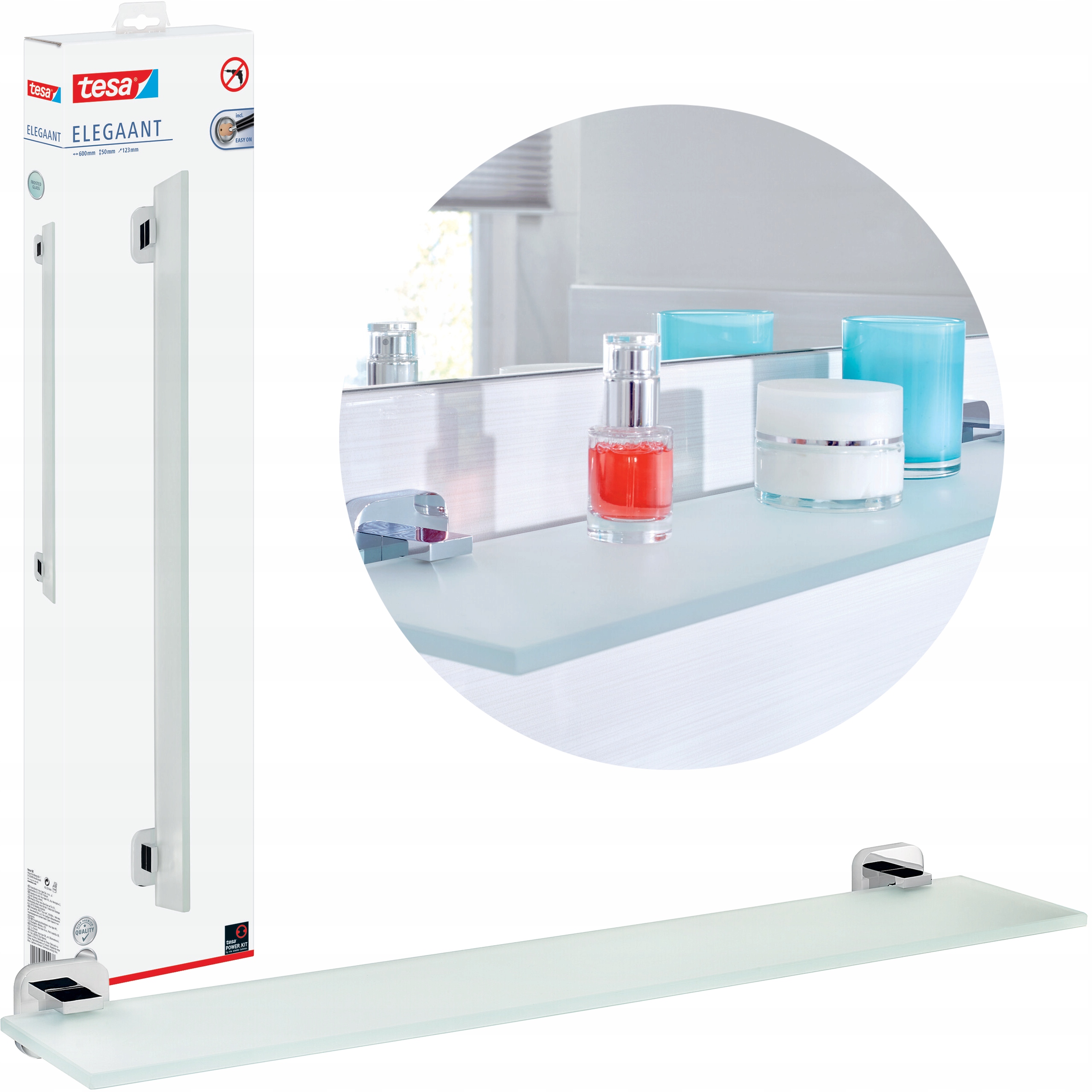 Kúpeľňová Polica pod zrkadlo Samolepiaca sklenená Tesa Elegant do kúpeľne